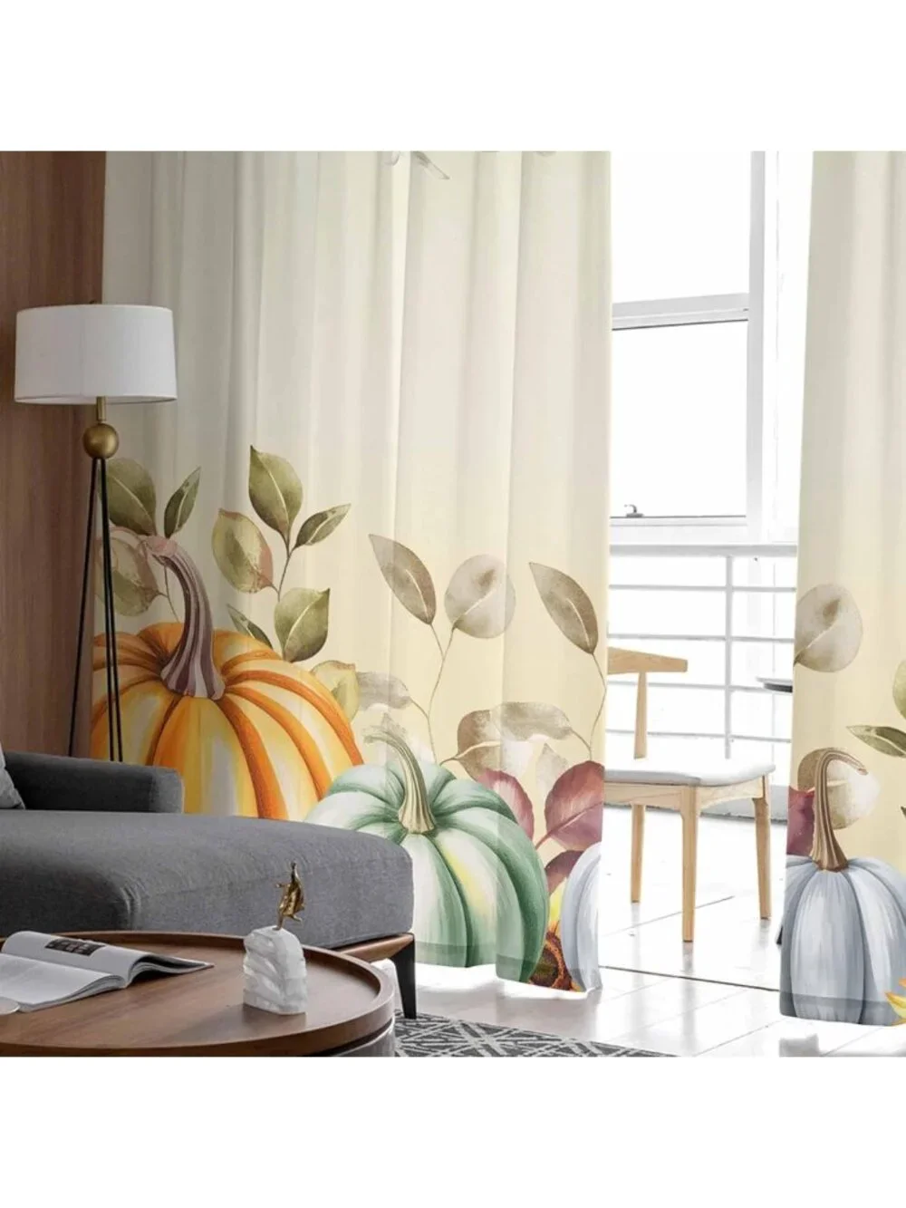 Fall Floral Sheer Curtains with Pumpkins & Eucalyptus - 84